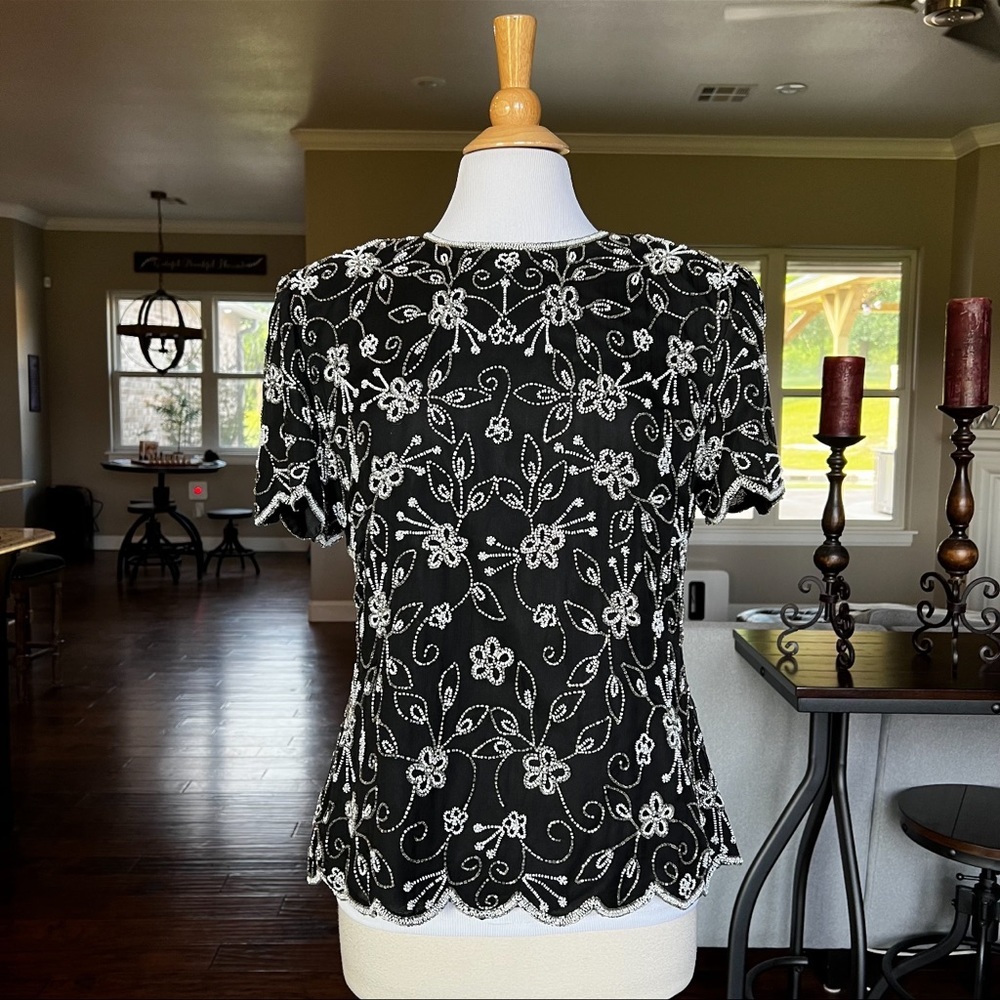 Vtg Laurence Kazar New York Size Large Black Beaded Sequin Rear Zip Eveningwear